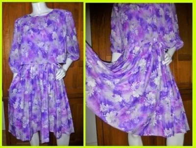 Vtg 70s Silky Jersey knit FLORAL Pleats Boho Secretary Wide Skirt Belted Dress L - Image 1 of 4