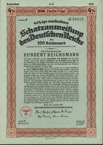 100 Reichsmark 1936 - Series: F 59513 - Loan Bond with eagle-swastika - K103 - Picture 1 of 6