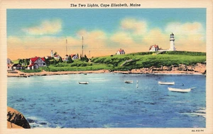 VINTAGE ELIZABETH MAINE ME TWO LIGHT HOUSES LINEN POSTCARD 1934 041924 T - Picture 1 of 2