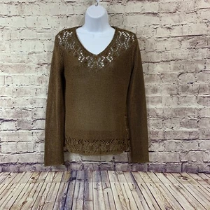 BCBGMAXAZRIA Sweater Womens Small Brown Beaded Crochet Long Sleeve Boho Hippie - Picture 1 of 12