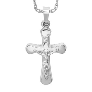 14K Solid White Gold Inri Round Jesus Crucifix Cross Necklace - Picture 1 of 12