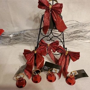 8er Set - Serviettenringe & Namensschildhalter Weihnachten Urlaub rot Glitzer Schleife - Bild 1 von 4