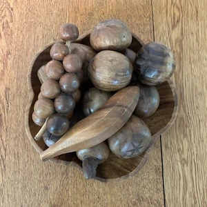 Vintage Monkey Pod Wooden Carved Fruit Bowl Set 13-Piece brown Made Philippines - Picture 1 of 5