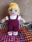 BAILEY DOLL HAND CROCHETED 13,1/2 INCHES TALL RED OVEROVERALLS,SNEAKERS.# 115801
