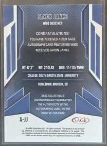 2024 SAGE HIT Low Series - Autogramme Jaxon Janke #A-JJ Red (AU, RC) - Bild 1 von 2