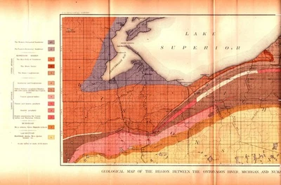 WI-MI-CHAQUAMEGON BAY-LAKE SUPERIOR Authentic antique geology map 1883 - Image 1 of 3