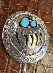 Sterling 925 Navajo signiert Wilburn Muskete Türkis Bärenkralle Gürtelschnalle  - Bild 1 von 13