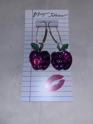 BETSEY JOHNSON Gold Tone Red Apple Drop Earrings Rhinestone Crystal NWT $ 48 - Image 1 of 4