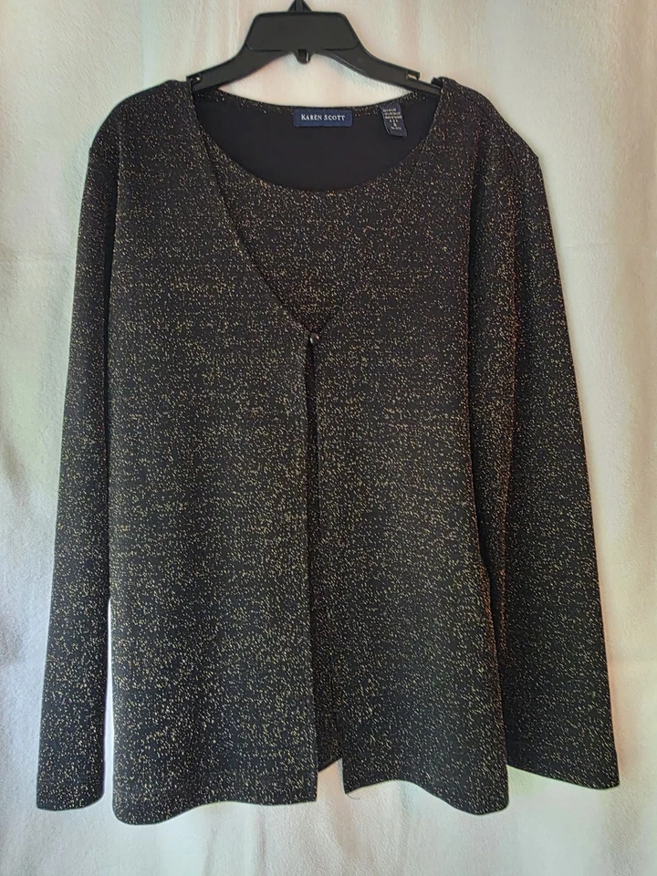Top Karen Scott Mujer Metálico Negro y Dorado Manga Larga Talla Pequeña Cuello Redondo Foto 1 de 4
