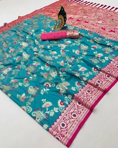 Sari de seda Banarasi de lujo tejido Zari boda fiesta diseñador sari - Imagen 1 de 4
