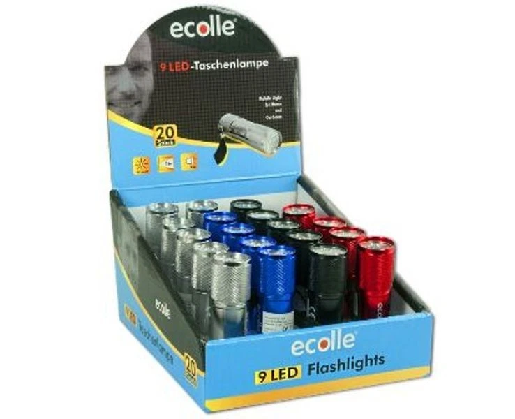 Expositor x 20 linternas aluminio 9 LED. Funciona con 3 pilas AAA (no incluidas) - Imagen 1 de 2