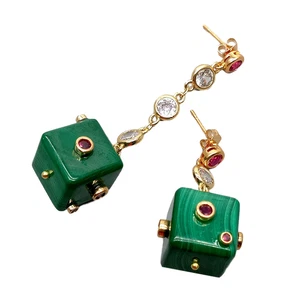 Grüner natürlicher Malachit Würfel CZ gepflasterte Kette Ohrhänger - Bild 1 von 6