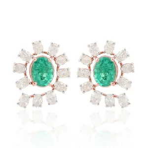 5.45 Ctw Zambian Emerald & Diamond Stud Earrings 14k Rose Gold Bridesmaid Gift - Picture 1 of 11