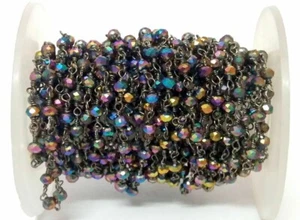 50"inch Mystic Peacock Quartz Rondelle Faceted 3-4mm Beads, Black Rosary Chain - Picture 1 of 6