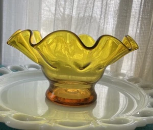 Bischoff Glass YELLOW Ruffled Hand Blown Bowl MCM 8” By Husted - Picture 1 of 3