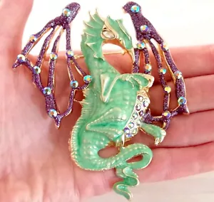 HUGE 3.75" DESIGNER STYLE AB RHINESTONE GLITTER CHINESE NEW YEAR DRAGON BROOCH - Picture 1 of 15