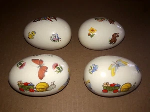 4 Vintage Porcelain Ceramic Easter Eggs Assorted Designs Signed 1983 M.H. - Picture 1 of 12