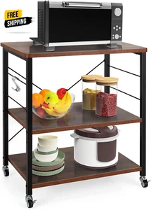 3-Layer Kitchen Bakers' Rack Microwave Stand, Kitchen Rolling Cart with 4 Univer - Picture 1 of 12