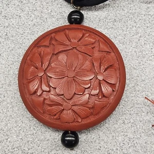 Vintage Carved LARGE 1 3/4 Cinnabar Bead Tassel Macrame Knot Cord Necklace - Picture 1 of 6