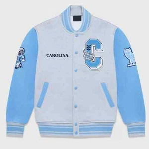 Chaqueta Universitaria Letterman North Carolina Tacones Alquitranados Gris y Azul Real Toda Lana - Imagen 1 de 4