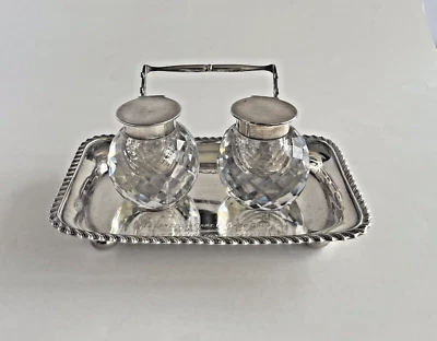 Portapenne in vetro cristallo argento sterling supporto inchiostro Birmingham 1905 vintage - Immagine 1 di 4