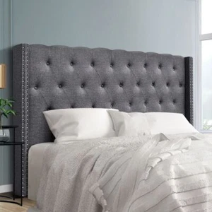King Size Headboard Button Tufted Bedhead Faux Linen Fabric Foam Padded Grey - Picture 1 of 7