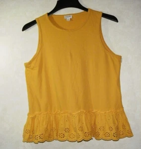 J Crew Factory Top Women M Mustard Round Neck Ruffle Embroidered Hem Sleeveless - Picture 1 of 10