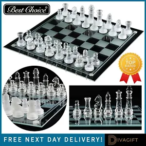 TRADITIONAL GLASS CHESS SET COMPLETE BOARD GAME 32 FROSTED PIECES 25CMx25CM NEW - Picture 1 of 4