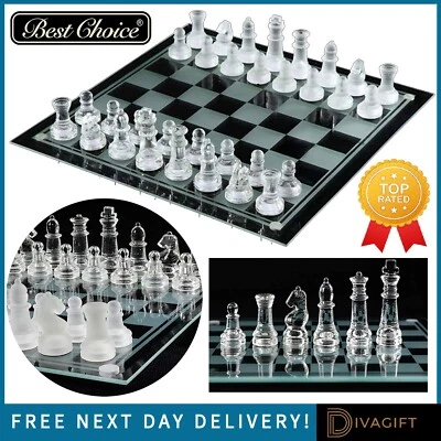 GLASS CHESS SET TRADITIONAL COMPLETE BOARD GAME 32 FROSTED PIECES 25CMx25CM NEW - Image 1 of 4