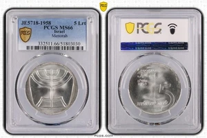 ISRAEL 5 Lirot JE5718 1958 Silver PCGS MS66 10 Anniversary Independence Menorah - Picture 1 of 5