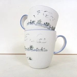 Studio Pottery Cups Oriental Set of Two River Scene Height 8cm Diameter 7cm - Picture 1 of 6