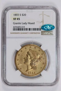 1855-S $20 GOLD LIBERTY DOUBLE EAGLE NGC XF45 CAC GRANITE LADY HOARD - Picture 1 of 2