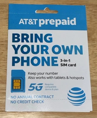 New AT&T Prepaid Sim Card Bring Your Own Phone Kit 5G 3 In 1 Fits Most Phones  - Image 1 of 3