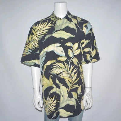 TOMMY BAHAMA 100% 真丝花卉黑色绿色短袖夏威夷衬衫尺寸 XLT — 第 1/4 张图片