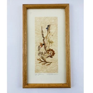 Arte da parete vintage essiccata pressata fiori selvatici cornice legno massello artista firmata 12,5" - Foto 1 di 11