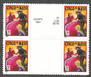 US. 3203. 32c. Cinco De Mayo. Block of 4 with/ Gutter Margin. MNH. 1998 - Picture 1 of 1