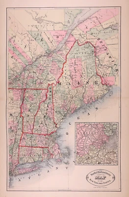 1882 Cram Map ~ NEW ENGLAND ~ Rare 1st Edition Map (14x22)-#25 - Image 1 of 3