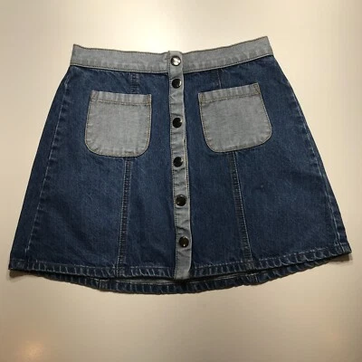 BDG Two-Tone Blue Denim Jean A-Line Mini Button Fly Pockets Gen Z Skirt Size 4 Foto 1 de 4