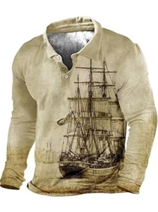 Plus Size Men Long Sleeve Lapel Khaki Shirt Sailboat pattern Big & Tall Shirt - Picture 1 of 3