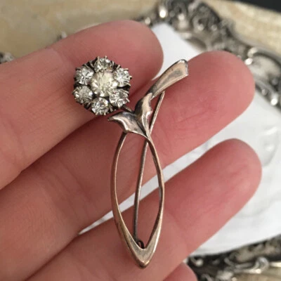 Spilla Brooch Fiore Strass Argento 875 4x2,5cm URSS Russia Anni 50 - Immagine 1 di 4