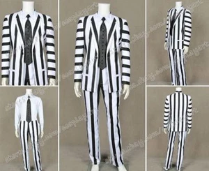 Beetlejuice Betelgeuse Michael Keaton Cosplay Costume Hit-color Stripe Suit Male - Picture 1 of 14