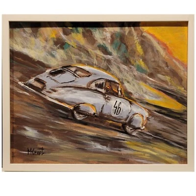 Porsche 356 Sunset Race pintura original carro clássico automóvel emoldurado 22” arte - Imagem 1 de 4