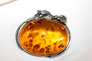 Antique Sterling Silver Baltic Amber Brooch Art Deco Nouveau Genuine Pin - Picture 1 of 7