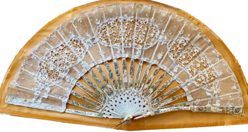 Antique 19th C Italian Fan with Coraline Lace & Painted Bone Sticks  XX373