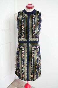 TOKITO Navy Blue DRESS Size 8 Paisley Print Stripes Sleeveless Shift Green Pink - Picture 1 of 6