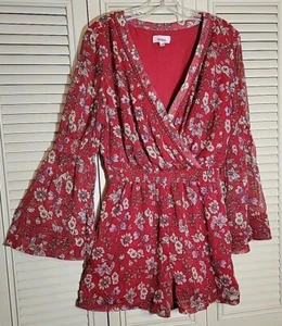 Bongo Red Floral Romper V Neck Front ~Sz M~ Y2K Boho ~Sheer w/Lining Under Body - Picture 1 of 6