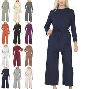 New Ladies Plain Top Shorts Long Sleeve Womens Round Neck 2PC Top Shorts Set - Picture 1 of 28