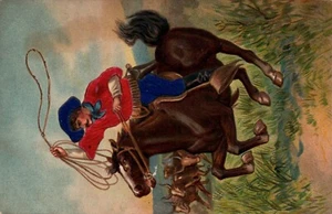 POSTCARD COWBOY BUE JEASN RED SHIRT BLUE HAT ROPING - Picture 1 of 2