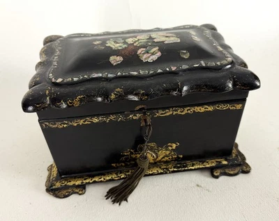 Antique English Tea Caddy Paper Mâché & Japanned Gilt &Mother of Pearl C 1825 - Image 1 of 4
