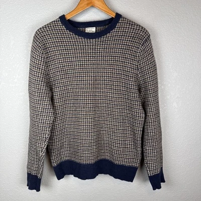 J Crew Mens Houndstooth Jacquard Crew Neck Sweater Size M Tan Blue Merino Wool - Image 1 of 4
